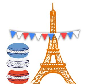 Eifel tower illustration, bunting and illustration of macarons- themed family night activity idea 